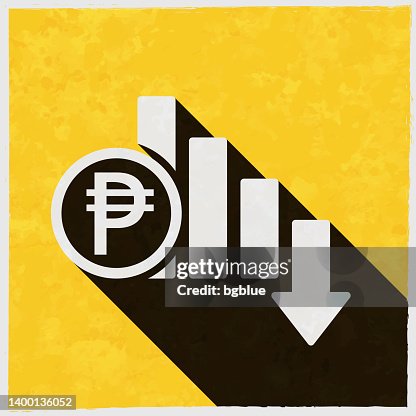 Peso rate decrease. Icon with long shadow on textured yellow background Peso rate decrease. Icon with long shadow on textured yellow background