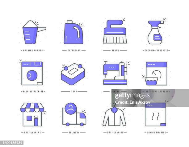 flache liniensymbole für die chemische reinigung - weidenkätzchen stock-grafiken, -clipart, -cartoons und -symbole