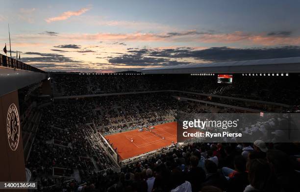 General view of Court Philippe Chatrier during the Men's Singles Fourth Round match Daniil Medvedev and Marin Cilic of Croatia on Day 9 of The 2022...
