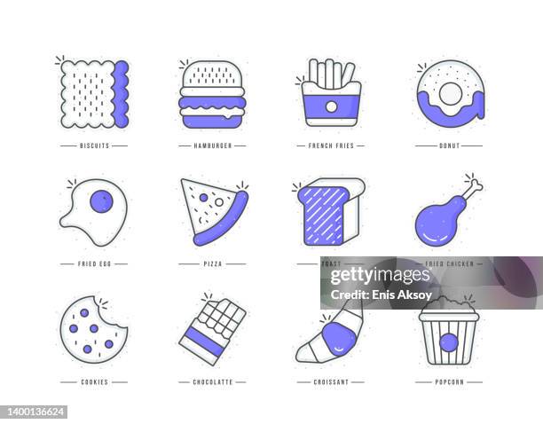 ilustrações de stock, clip art, desenhos animados e ícones de fast food flat line colored icons - chicken pie