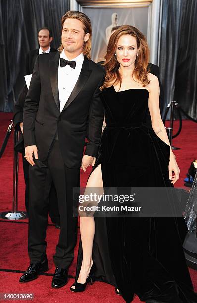 Actors Brad Pitt and Angelina Jolie arrive at the 84th Annual Academy Awards held at the Hollywood & Highland Center on February 26, 2012 in...