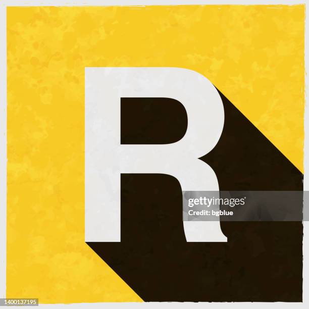 letter r. icon with long shadow on textured yellow background - capital letter r stock illustrations