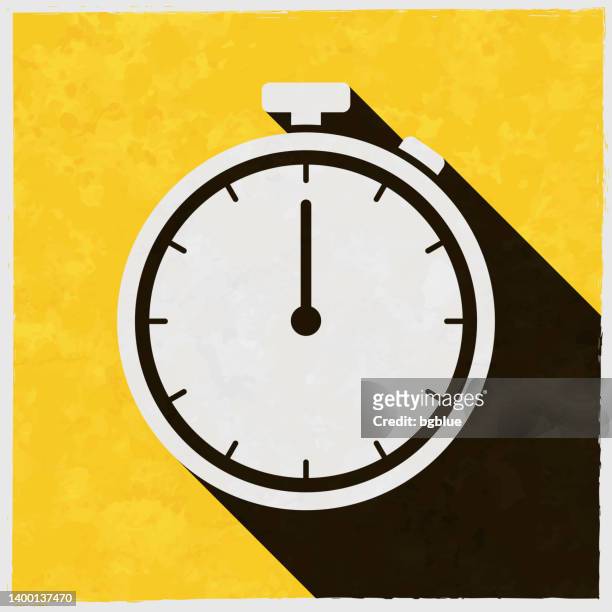 stoppuhr. symbol mit langem schatten auf strukturiertem gelbem hintergrund - alarm clock stock-grafiken, -clipart, -cartoons und -symbole