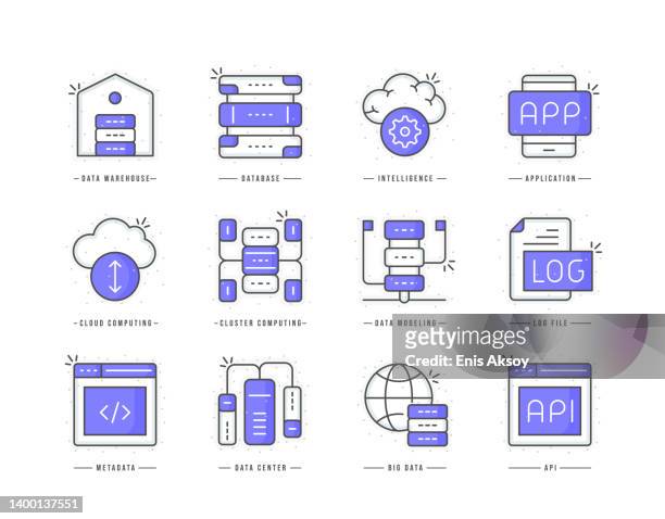 data analytics flat line colored icons - hard drive stock illustrations