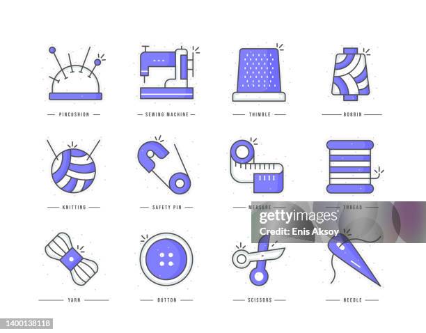 sewing flat line colored icons - yarn stock illustrations