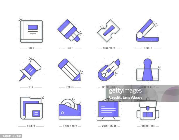 stationery flat line colored icons - abacus stock illustrations