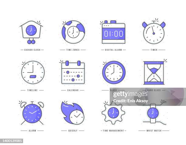 illustrazioni stock, clip art, cartoni animati e icone di tendenza di icone colorate a linea piatta temporale - clocks go forward