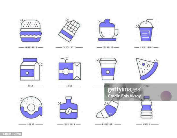 food and drink flat line colored icons - croissant vector stock illustrations