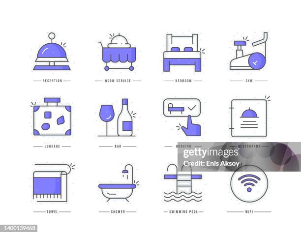 hotel flat line colored icons - spa reception stock illustrations