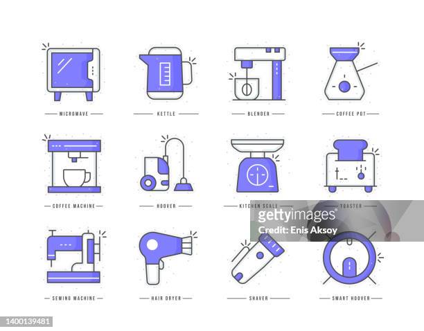 illustrations, cliparts, dessins animés et icônes de icônes colorées de ligne plate pour les appareils ménagers - chauffe plat ustensile