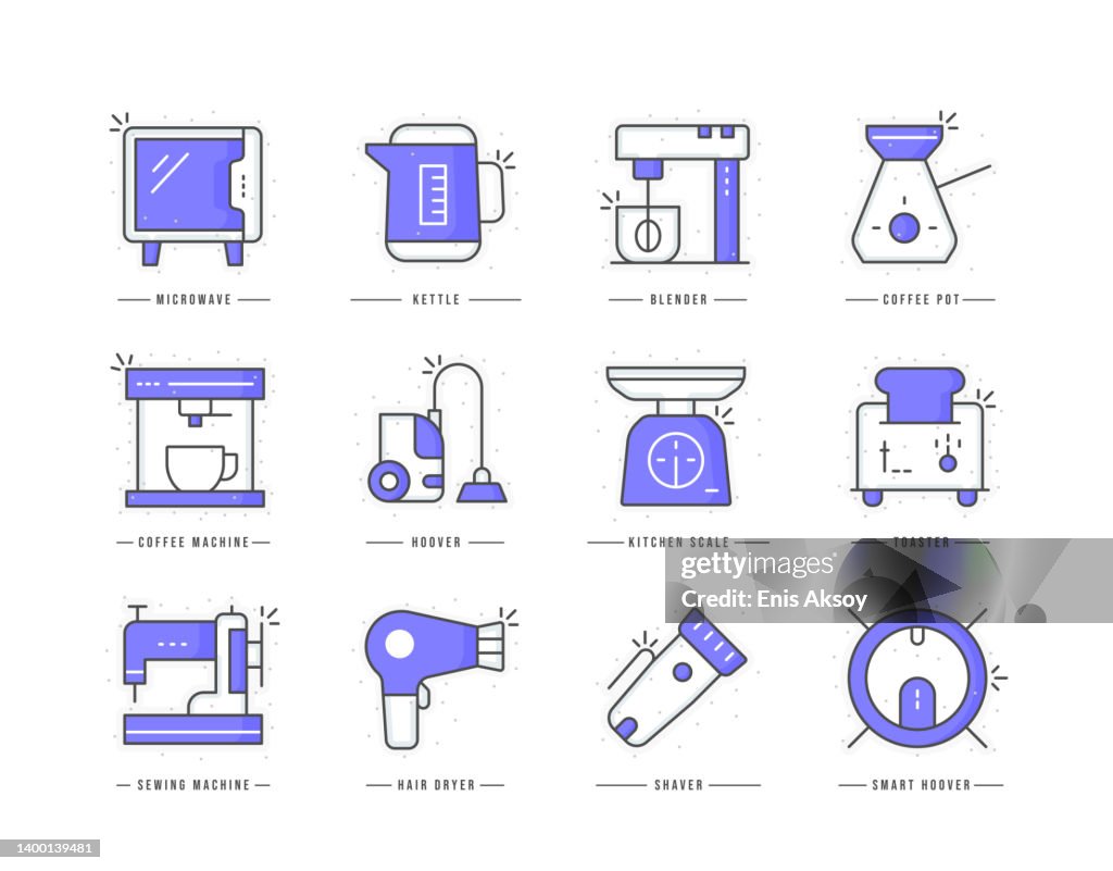 Household appliances flat line colored icons
