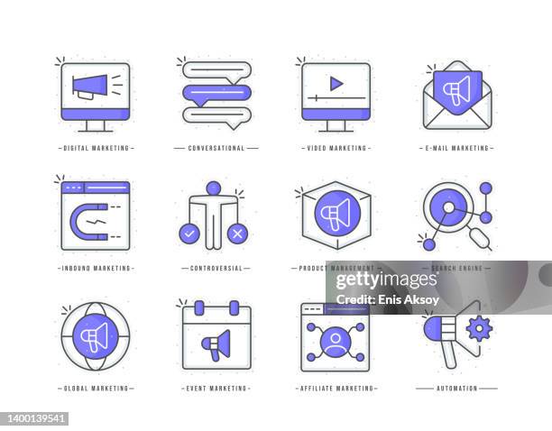 marketing strategies flat line colored icons - content development stock illustrations