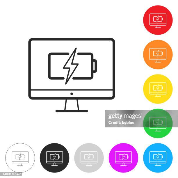 desktop computer with battery charge symbol. icon on colorful buttons - computer loading circle icon stock illustrations