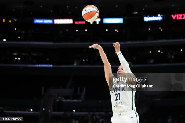 Guard Kayla McBride of the Minnesota Lynx shoots in the second half against the Los Angeles Sparks at Crypto.com Arena on May 17, 2022 in Los...