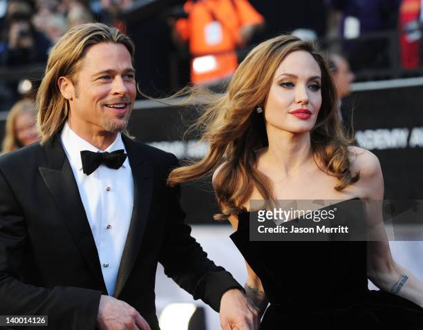 Actor Brad Pitt and actress Angelina Jolie arrive at the 84th Annual Academy Awards held at the Hollywood & Highland Center on February 26, 2012 in...