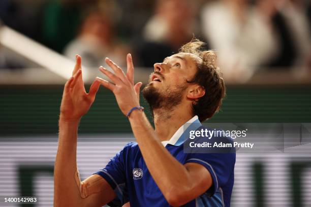 Daniil Medvedev reacts against Marin Cilic of Croatia during the Men's Singles Fourth Round match on Day 9 of The 2022 French Open at Roland Garros...