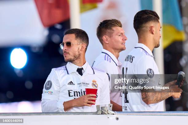 Eden Hazard of Real Madrid looks on at Cibeles during the UEFA Champions League trophy bus parade after winning the UEFA Champions League final...