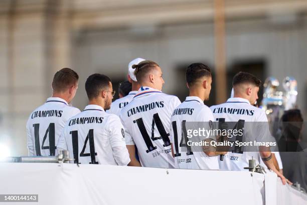 Players of Real Madrid with number fourteen in his jerseys during the UEFA Champions League trophy bus parade after winning the UEFA Champions League...