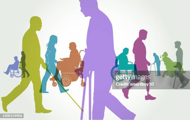 illustrations, cliparts, dessins animés et icônes de groupe de personnes avec différents handicaps - personnage silhouette