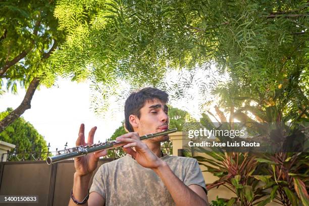 musician plays her flute. - flauto foto e immagini stock