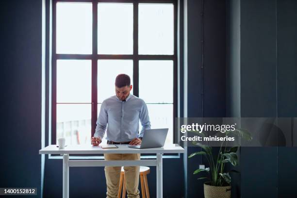 erfolgreicher geschäftsmann, der im modernen büro arbeitet - ergonomie stock-fotos und bilder