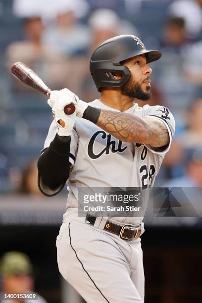Leury Garcia of the Chicago White Sox at bat during the second inning of Game Two of a doubleheader against the New York Yankees at Yankee Stadium on...