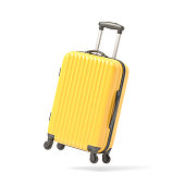 Yellow suitcase flying on white background