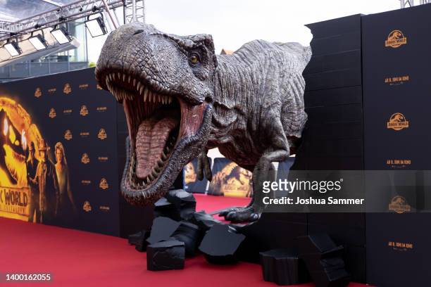 View of a dinosaur during the "Jurassic World: Ein neues Zeitalter" Photocall at Medienpark on May 30, 2022 in Cologne, Germany.