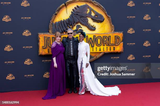 Bryce Dallas Howard, Jeff Goldblum and DeWanda Wise attend the "Jurassic World: Ein neues Zeitalter" Photocall at Medienpark on May 30, 2022 in...