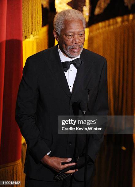 Actor Morgan Freeman speaks onstage during the 84th Annual Academy Awards held at the Hollywood & Highland Center on February 26, 2012 in Hollywood,...