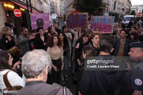 Protest by the #MeTooThéâtre collective with actress Adèle Haenel during the 33rd Molieres ceremony at Folies Bergeres on May 30, 2022 in Paris,...