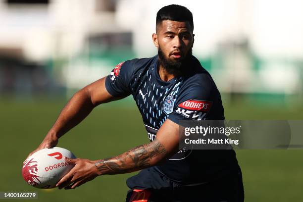 Payne Haas runs with the ball during a New South Wales Blues State of Origin squad training session at Coogee Oval on May 31, 2022 in Sydney,...