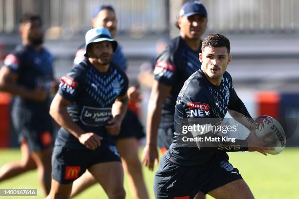 Nathan Cleary runs with the ball during a New South Wales Blues State of Origin squad training session at Coogee Oval on May 31, 2022 in Sydney,...