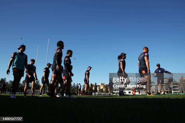 Blues head coach Brad Fittler speaks to players taking part in a drill during a New South Wales Blues State of Origin squad training session at...