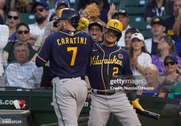 Luis Urias of the Milwaukee Brewers celebrates a solo home run by Victor Caratini in the fifth inning of game two of a doubleheader against the...