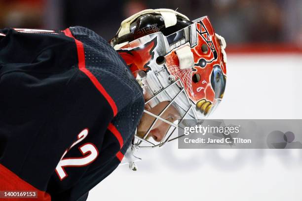 Antti Raanta of the Carolina Hurricanes reacts following a New York Rangers first period goal in Game Seven of the Second Round of the 2022 Stanley...