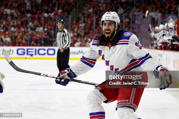 Mika Zibanejad of the New York Rangers reacts following his assist on a first period goal to Chris Kreider in Game Seven of the Second Round against...