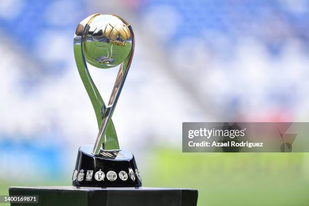 The Liga MX champion's trophy is displayed prior the final second leg match between Monterrey and Chivas as part of Campeon de Campeones 2022 Liga MX...