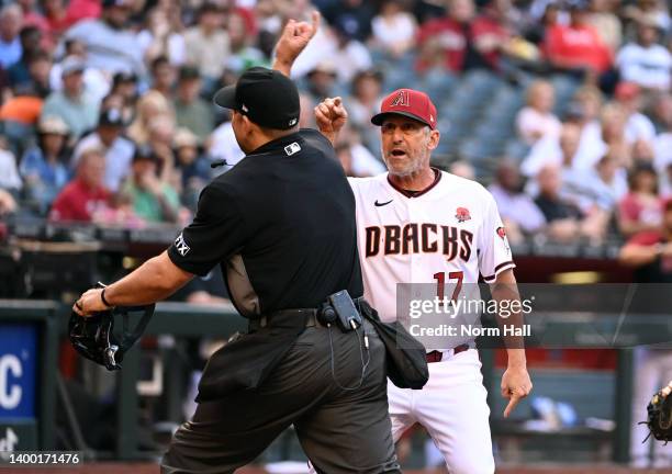 Manager Torey Lovullo of the Arizona Diamondbacks is thrown out of the game by home plate umpire John Libka in the fifth inning of a game against the...