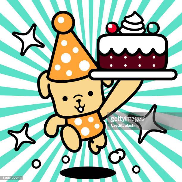 a cute dog wearing a party hat is carrying a cake and running toward the camera - chocolate cake stock illustrations