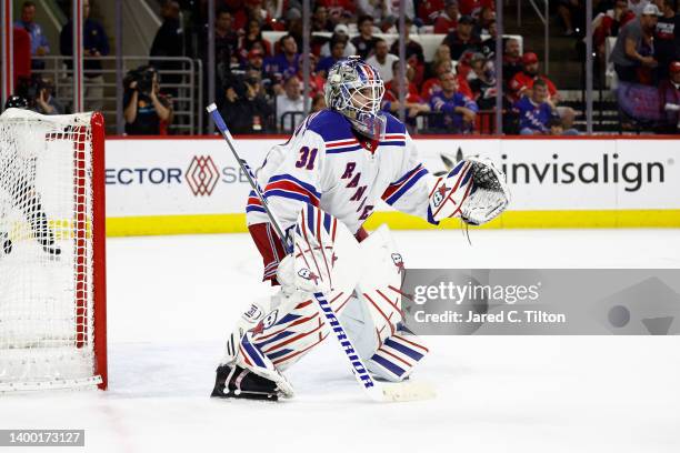 Igor Shesterkin of the New York Rangers stands ready during the second period in Game Seven of the Second Round of the 2022 Stanley Cup Playoffs...