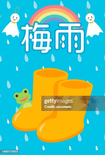 rainy season, rain boots and frog. teru teru bozu and logo. raindrops on blue background. - monsoon stock illustrations