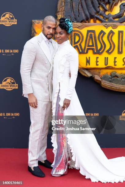 Alano Miller and DeWanda Wise attend the "Jurassic World: Ein neues Zeitalter" Photocall at Medienpark on May 30, 2022 in Cologne, Germany.