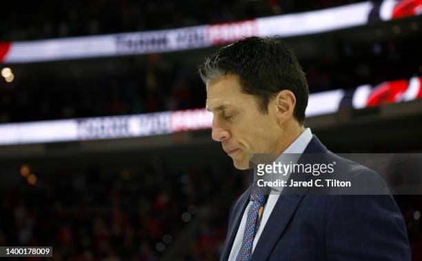 Head coach Rod Brind'Amour of the Carolina Hurricanes exits the ice following their 6-2 defeat in Game Seven of the Second Round of the 2022 Stanley...