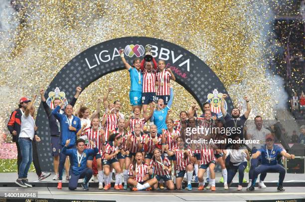 Players of Chivas femenil celebrate their championship after the final second leg match between Monterrey and Chivas as part of Campeon de Campeones...