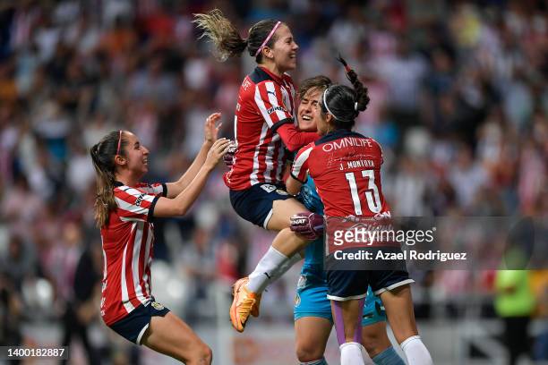 Players of Chivas celebrate after winning the final second leg match between Monterrey and Chivas as part of Campeon de Campeones 2022 Liga MX...