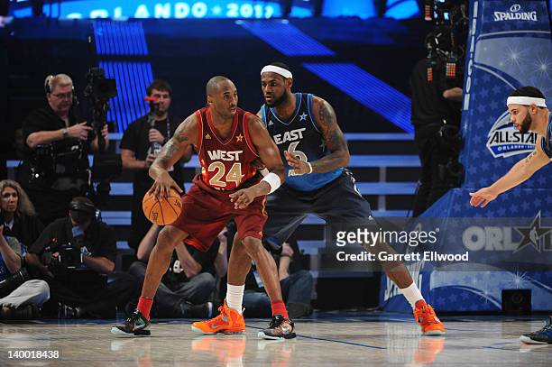Kobe Bryant of the Western backs down LeBron James of the Eastern Conference All-Stars Conference All-Stars during the 2012 NBA All-Star Game on...