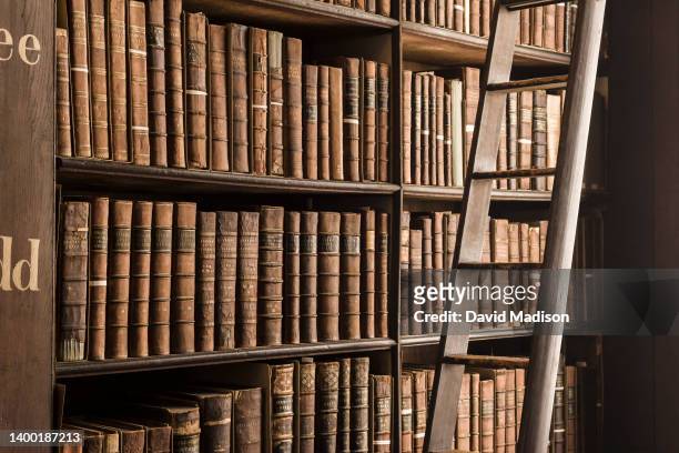 Detail view of the book stacks in the Long Room of the Old Library at Trinity College on September 15, 2016 in Dublin, Ireland.