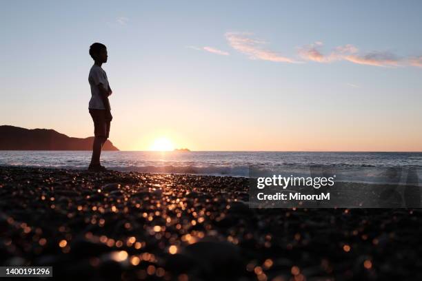 boy walking by the seaside in morning glow - beauty in nature beach fantasy stock pictures, royalty-free photos & images