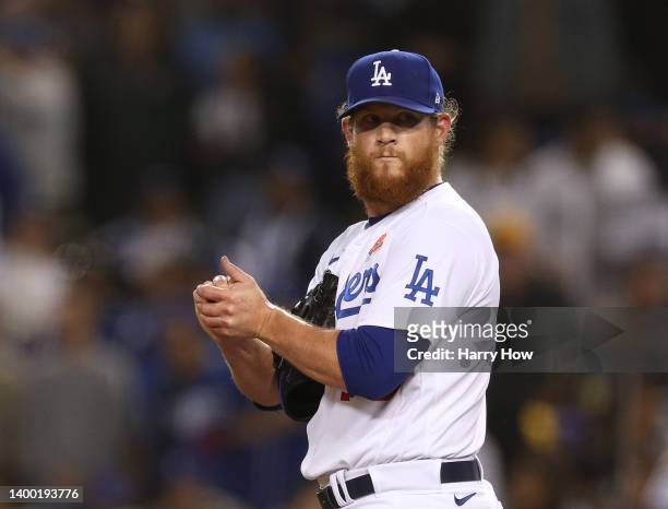 Craig Kimbrel of the Los Angeles Dodgers reacts after the run of Diego Castillo of the Pittsburgh Pirates from a Cal Mitchell single, to tie the game...